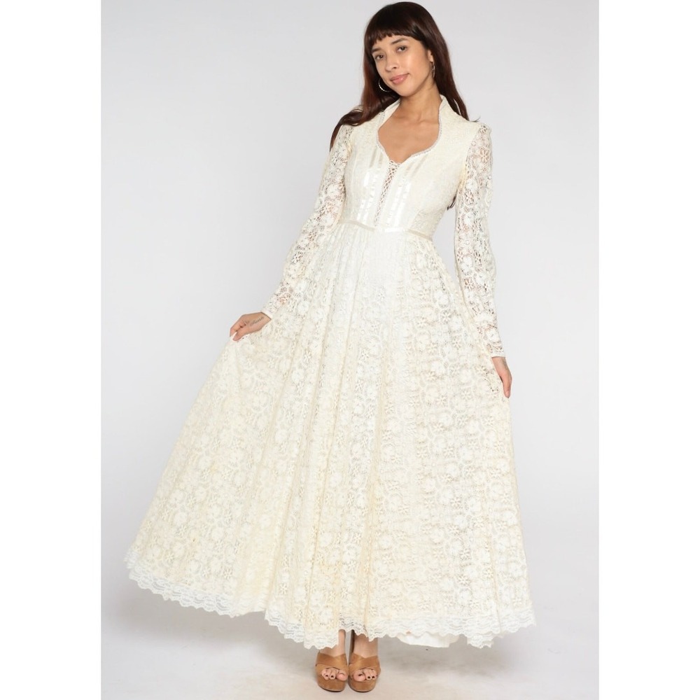 Gunne Sax White Lace Gown Maxi Lace Up Bodice Victorian Collar Back Zip XS